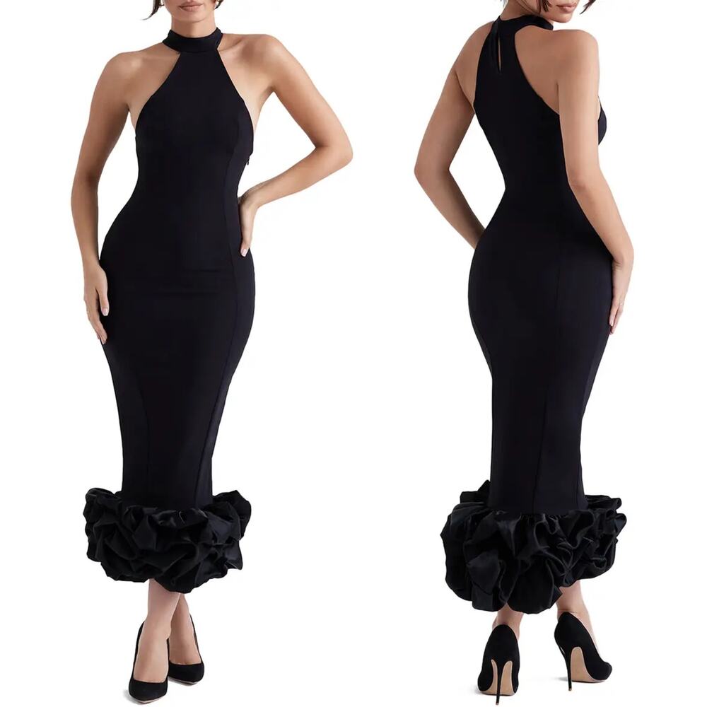 NEW House of CB Juniper Halter Peplum Maxi Dress Size Small Ruffle Neck